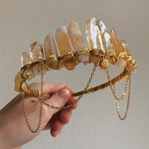 Handmade gold tiara with raw citrine crystals, hanging chains and sun charm detail
