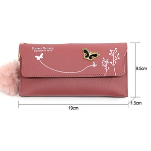 Detailed view of pink long wallet with butterfly buckle, flower pattern, and size markings