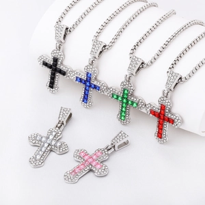 Cross Pendant Necklace Alloy Sparkly Cubic Zirconia Rhinestone Trendy Luxury Jewelry For Women Long Box Chain