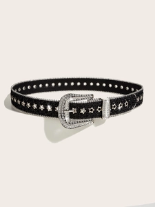 Detail of black rhinestone belt featuring silver star studs and polished alloy buckle
