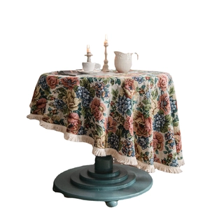 Retro floral round tablecloth with sunflower patterns and decorative fringe tassels