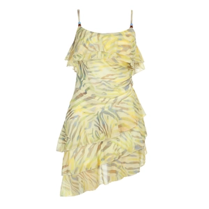 Women's summer strap dress with tiered ruffles and yellow tiger print in chiffon