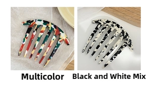 Detail view of 6-tooth acetate hair combs in colorful tortoiseshell and black white marble patterns