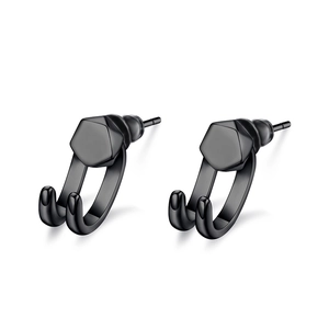 Men's black punk stud earrings featuring industrial hex nut and double hook design