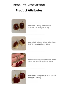 Detailed view of red geometric resin earrings with silver needles and alloy frames