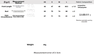 Size chart for women top showing dimensions for XS to L in centimeters and polyester fabric info