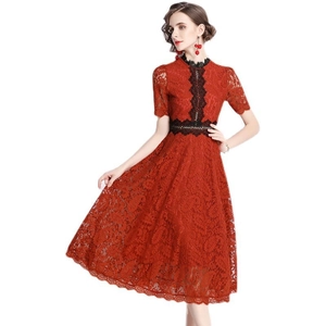 Elegant red lace short sleeve A-line dress with black floral lace trim on white background