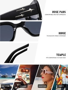 Detail view of reinforced hinges with metal star decor and ergonomic temples for sunglasses