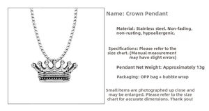 Detailed view of punk crown pendant in stainless steel with bead chain and 13g weight info