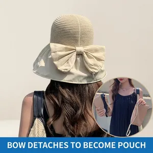 Detalle de visera beige con lazo desmontable que se convierte en bolsa de almacenaje