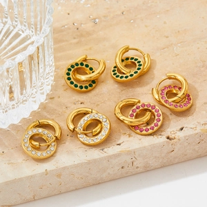 Retro gold stainless steel hoop earrings with colorful zircon stones on stone base