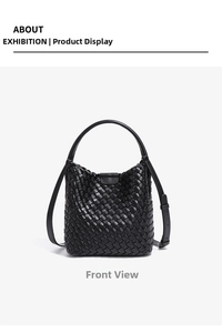 Close-up of the woven texture and magnetic closure on this black leather bucket bag
