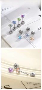 Detail showing threaded screw back design and multi-color gradient zircon stud earrings