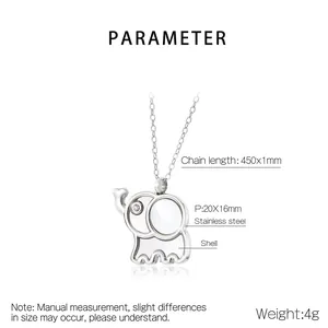 Detailed product dimensions for the shell-inlaid elephant necklace in stainless steel