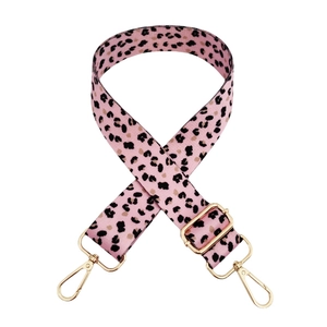 Pink leopard print wide shoulder strap with gold metal swivel hooks and adjustable buckle