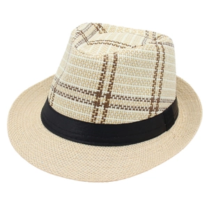 Vintage linen straw hat with plaid pattern and black band for sun protection
