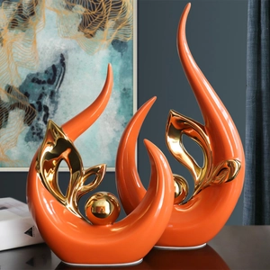 Modern orange and gold ceramic sculpture set for contemporary home living room decor