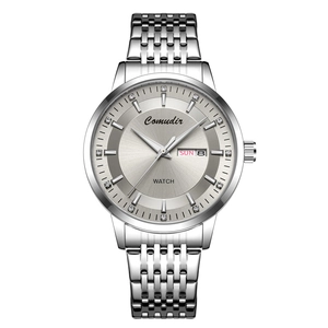 Men's automatic skeleton watch with silver steel strap and double calendar display