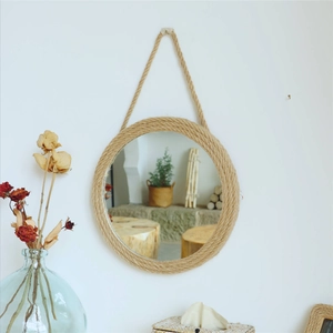 Vintage Wandspiegel rund mit Jute-Seil im nordischen Stil für Dekoration und Make-up