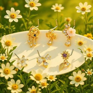 Fashion 18k gold plated copper nose studs set with zircon butterfly and floral designs