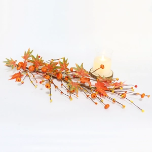 Detail of autumn garland featuring realistic pumpkins, maple leaves, and berries on white backdrop
