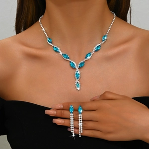 Elegant silver bridal jewelry set with marquise sea blue stones and tassel necklace