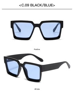 Detail view showing front and 45-degree angle of square sunglasses with blue lenses