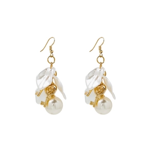French vintage earrings with white petals, gold key pendant, and large pearl drop