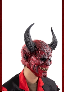 Close-up of red devil mask with black curved horns and detailed skin textures