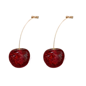 Fashionable red resin cherry stud earrings with gold glitter and silver needles for women