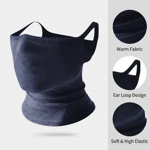Dark blue thermal neck gaiter with ear loops and high-elasticity breathable knit fabric