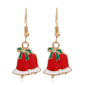 Detail of Christmas bell earrings with red enamel body and green bow on gold hooks