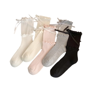 Five pairs of Lolita style crew socks with bow knots and ruffled edges in mixed colors