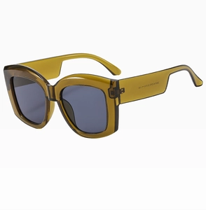 Macro detail of translucent olive green frame and product specs on sun glasses temple