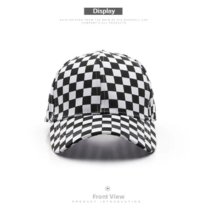 Front view of black and white checkerboard baseball cap with classic 6-panel design