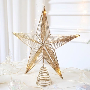 Golden glitter star tree topper with integrated LED lights and spiral base for Christmas decor