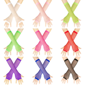 Nine colors of long fishnet gloves for punk club parties including pink and neon green