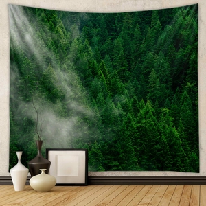 Detail of forest tapestry with misty pine trees and sunbeams on a textured wall