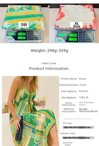 Detailed size chart and weight measurement for green and yellow floral maxi dress