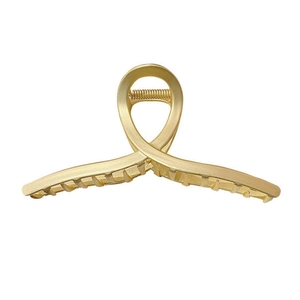 Minimalist matte gold alloy hair claw clip with cross twist design on white background