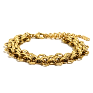 Three-layer 18K gold plated stainless steel chunky chain bracelet with lobster clasp
