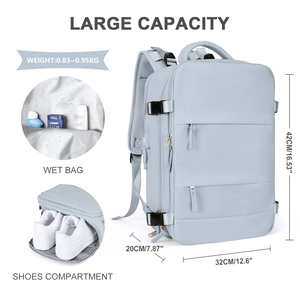 Detail view of large travel backpack with independent shoe compartment and wet bag layout