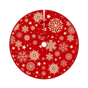 90cm Red Christmas tree skirt with golden snowflake patterns and decorative red bows