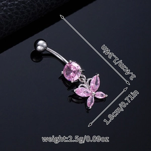 Macro view of butterfly belly ring with pink zircon and silver metal sizing details