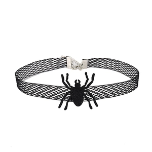 Detail of black lace choker featuring a spider pendant and silver adjustable chain clasp