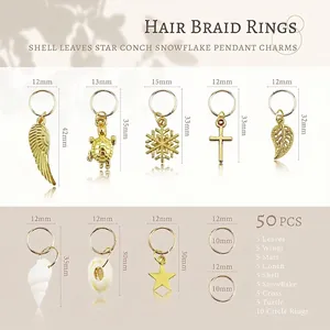 50pcs dreadlock hair jewelry set with shell star snowflake and cross pendant charms