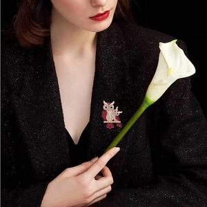 Detailed view of red enamel owl brooch with white crystals worn on a black tweed blazer