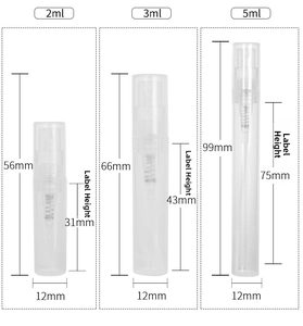 Size chart for 2ml, 3ml, and 5ml plastic perfume spray bottles with detailed dimensions
