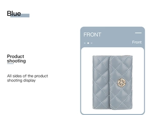 Front view of a blue quilted card holder with a stylish hexagonal golden metal clasp