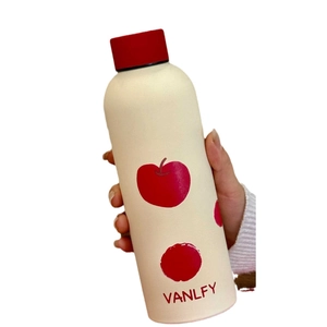 Matte beige stainless steel insulated water bottle with red apple pattern by VANLFY